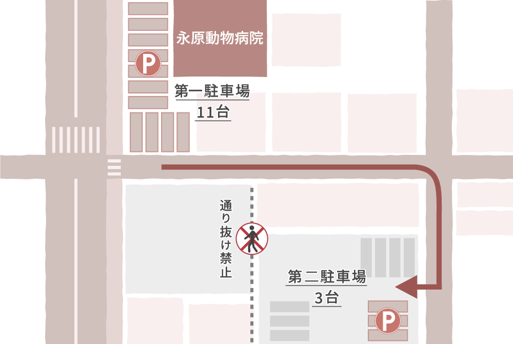 永原動物病院の第一駐車場と第二駐車場までの位置が位置が分かるマップ